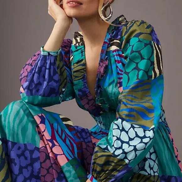 Anthropologie Geisha Designs L NWT Patchwork Maxi Dress Animal Print Long Sleeve - Picture 7 of 8